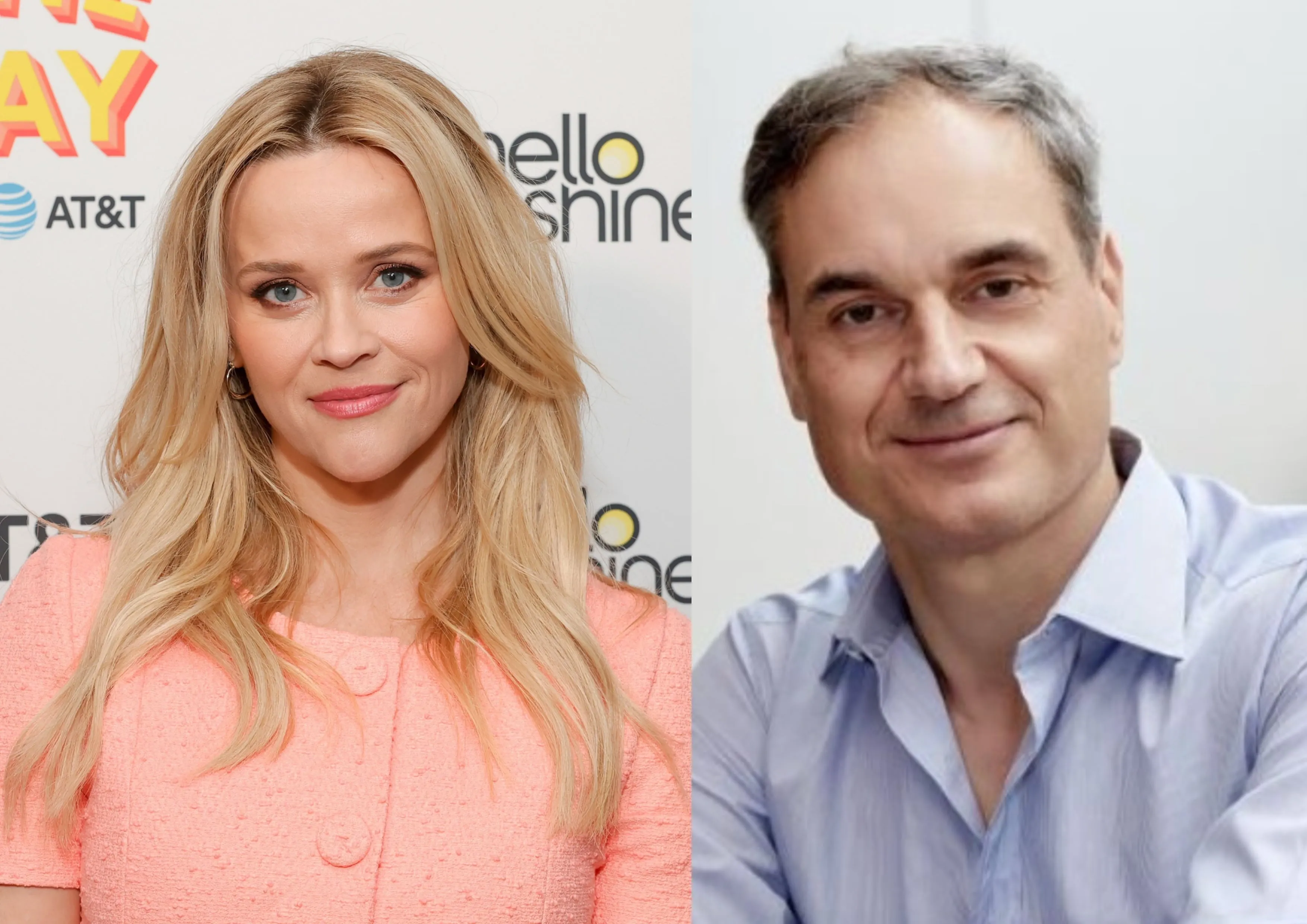 A photo of Reese Witherspoon in a pink top next to a headshot of financier Oliver Haarmann