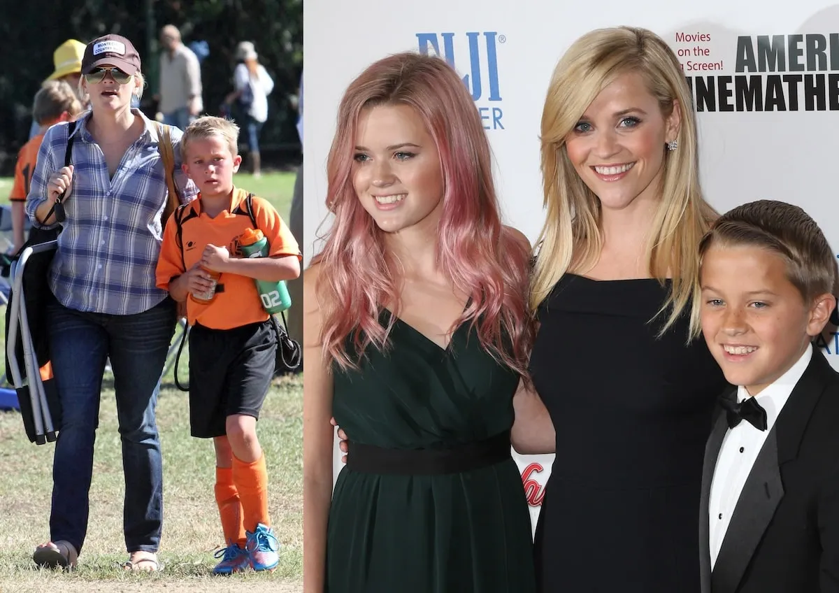 A photo of Reese Witherspoon with her son Deacon Phillippe at his soccer practice in 2012 alongside a photo of Reese and Deacon with sister, Ava Phillippe, in 2015