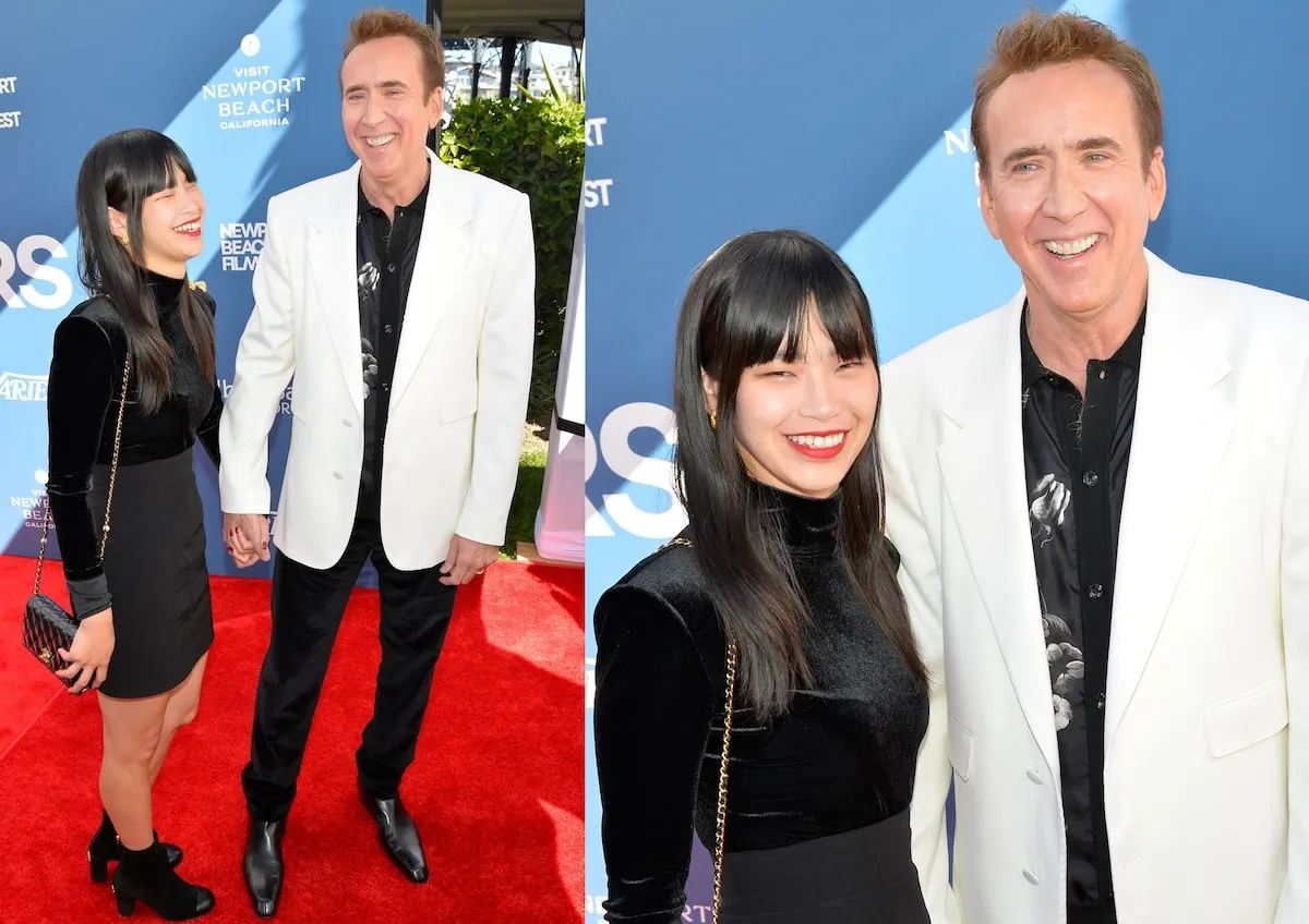 Walking the red carpet in a black dress and white tuxedo, Riko Shibata and Nicolas Cage stop for a photo at the 25th Newport Beach Film Festival Honors Brunch