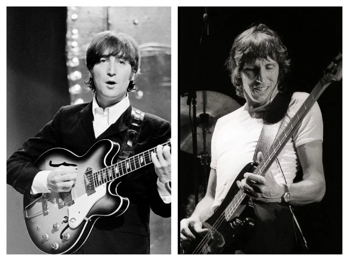 A black and white picture of John Lennon playing guitar while wearing a suit. Roger Waters wears a white shirt and plays guitar.