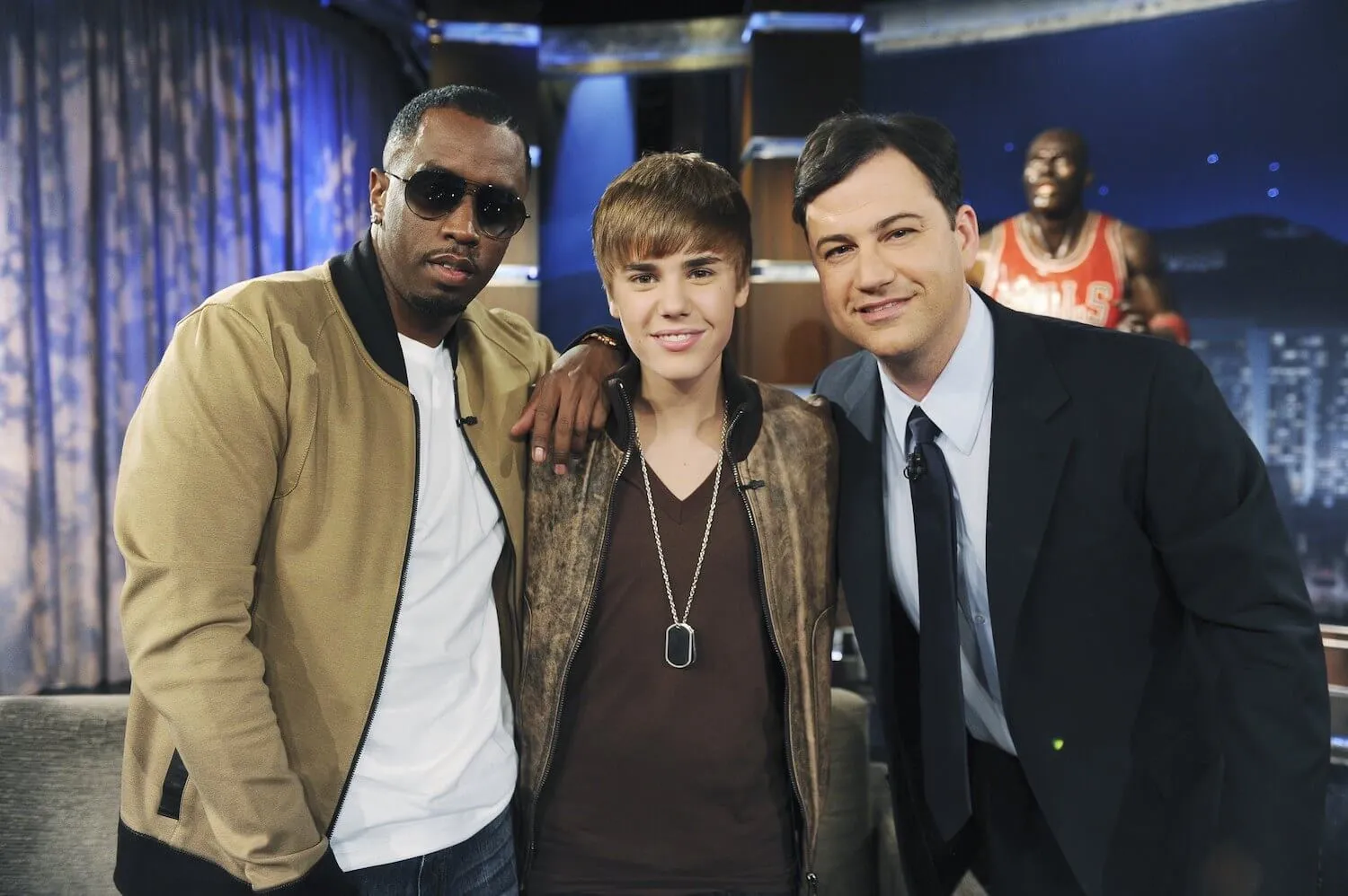 Sean 'Diddy' Combs, Justin Bieber, and Jimmy Kimmel posing together