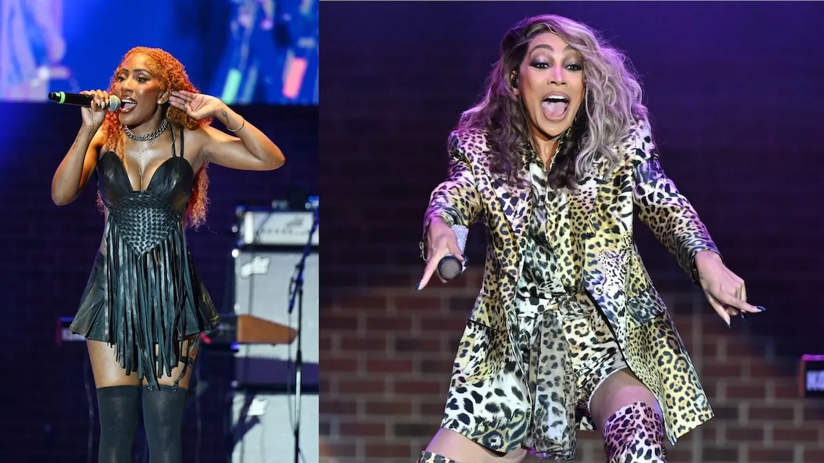 Wearing a leather dress and leopard print suit respectively, Sevyn Streeter and Monica perform in Atlanta in 2024