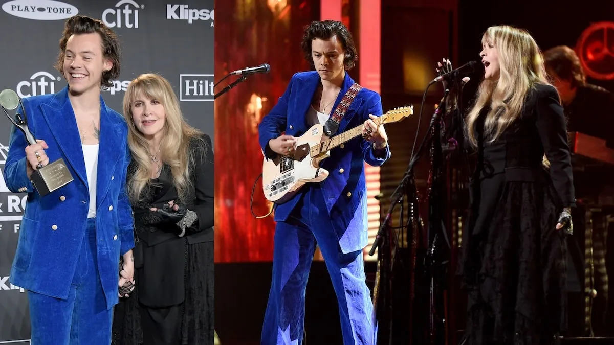 Wearing a bright blue suit, Harry Styles smiles and performs with inductee Stevie Nicks at the 2019 Rock & Roll Hall Of Fame Induction Ceremony