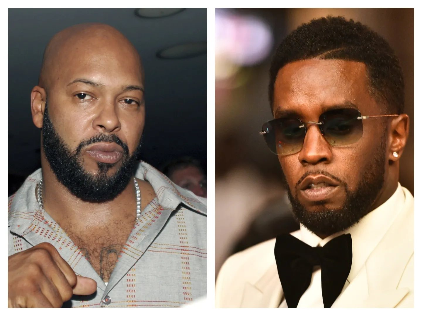 Suge Knight wears a gray and orange shirt and holds up a first. Diddy wears a bow tie and a white suit.