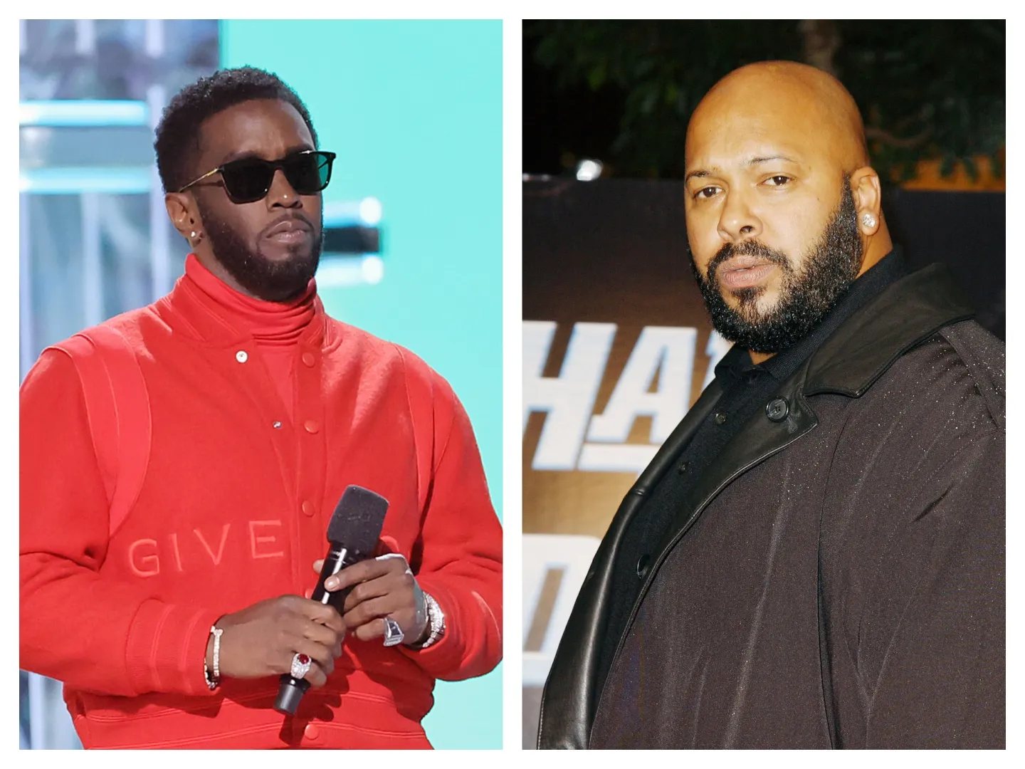 Sean 'Diddy' Combs wears a red jacket and sunglasses. He holds a microphone. Suge Knight wears a brown jacket.