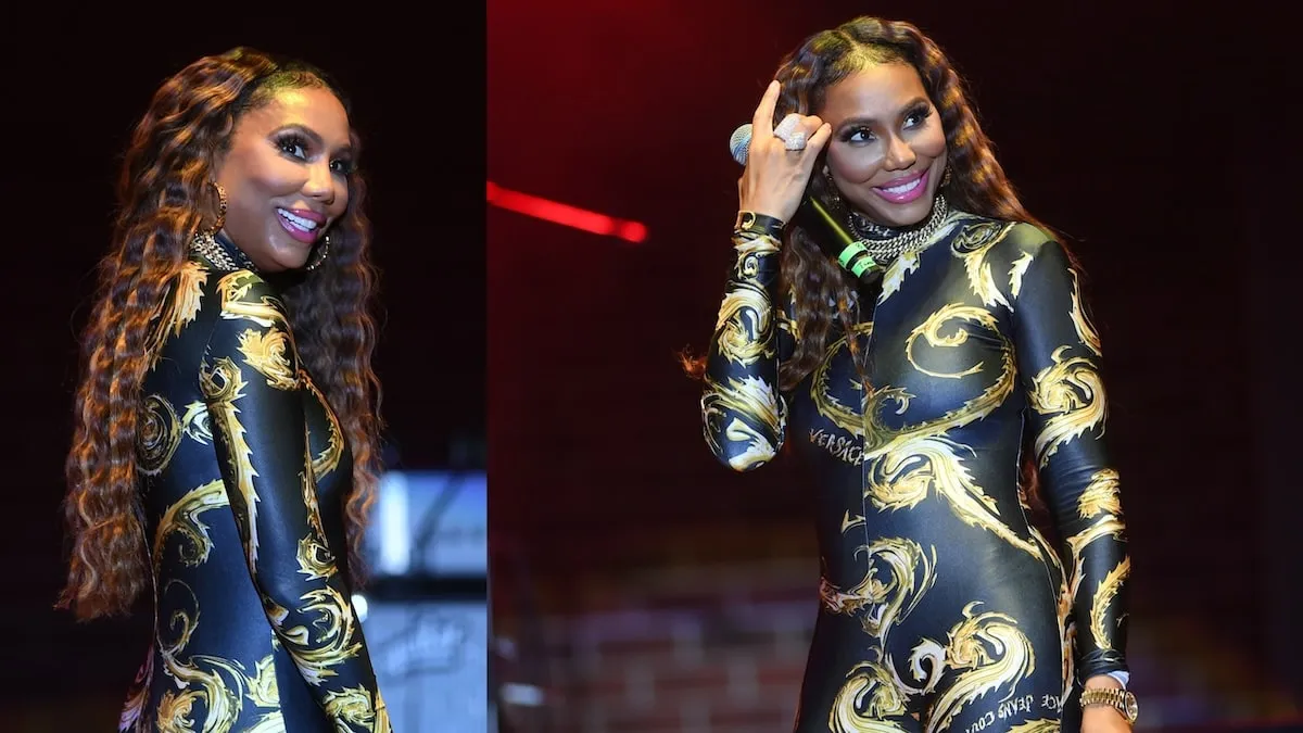 Wearing a Versace bodysuit, singer Tamar Braxton performs onstage in 2024