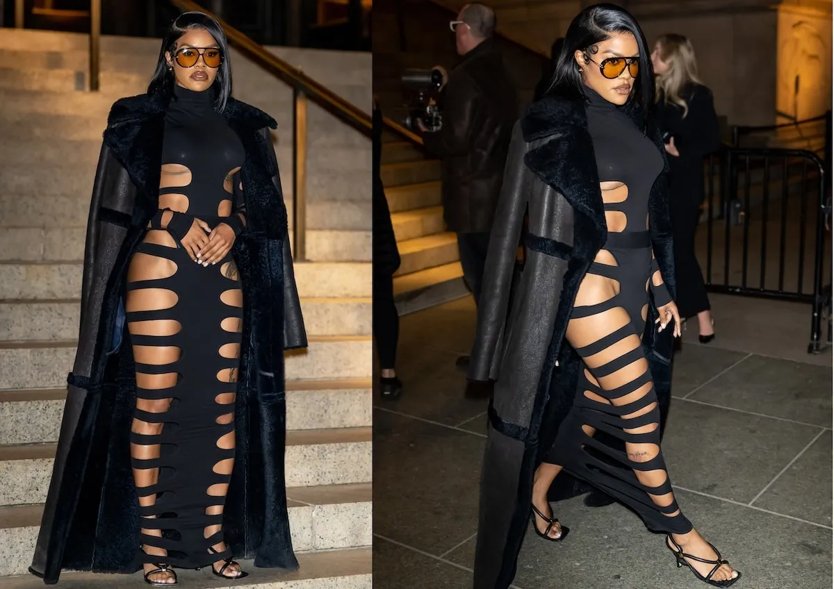 Wearing a black cut-out dress, Teyana Taylor poses for photos at the 2024 CFDA Awards