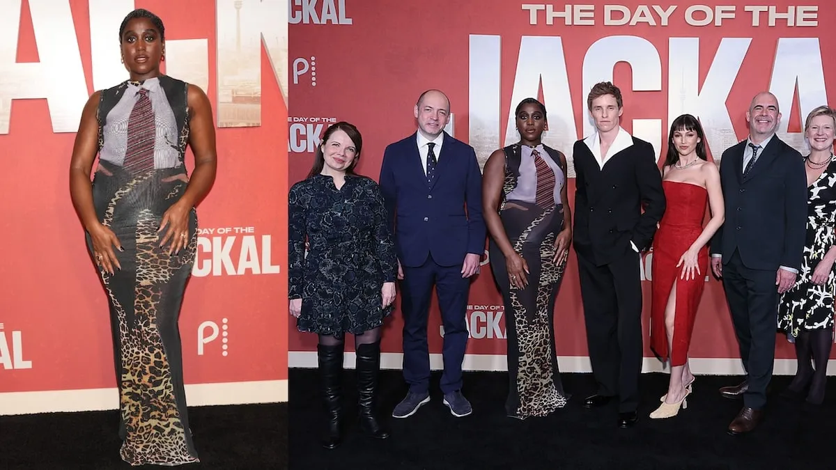 The cast of The Day Of The Jackal pose together on the black carpet before the screening