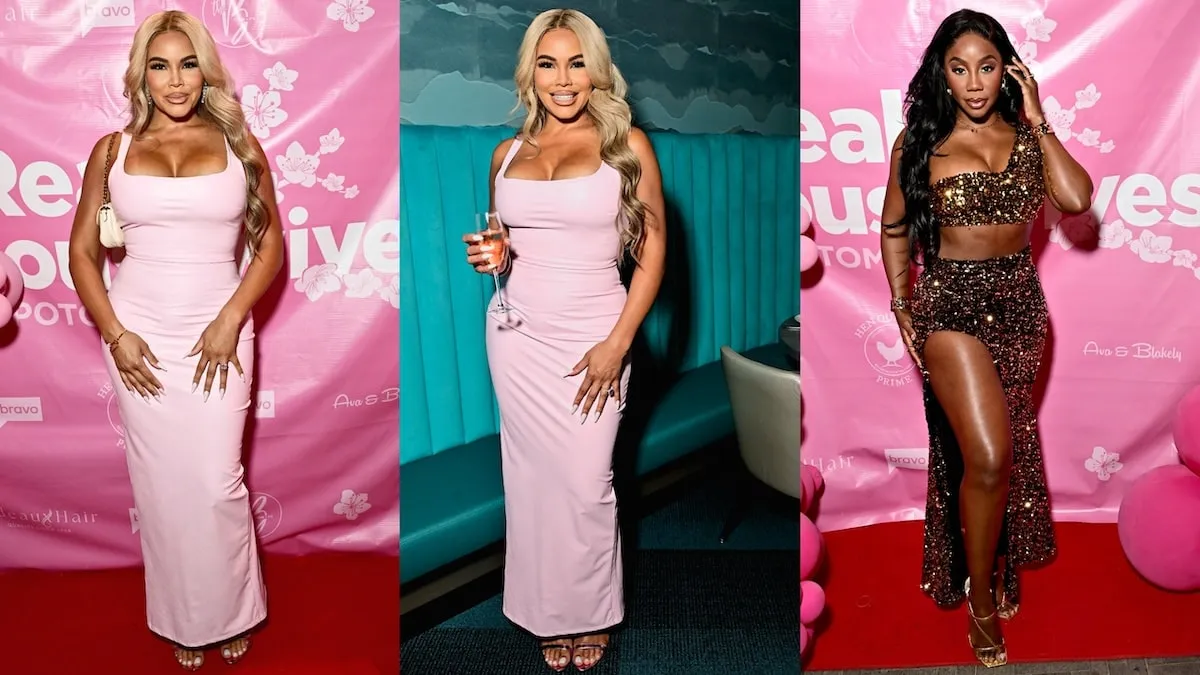 Wearing pink and brown, Mia Thornton and Jassi Rideaux smile on the red carpet at the Season 9 premiere viewing party of The Real Housewives of Potomac