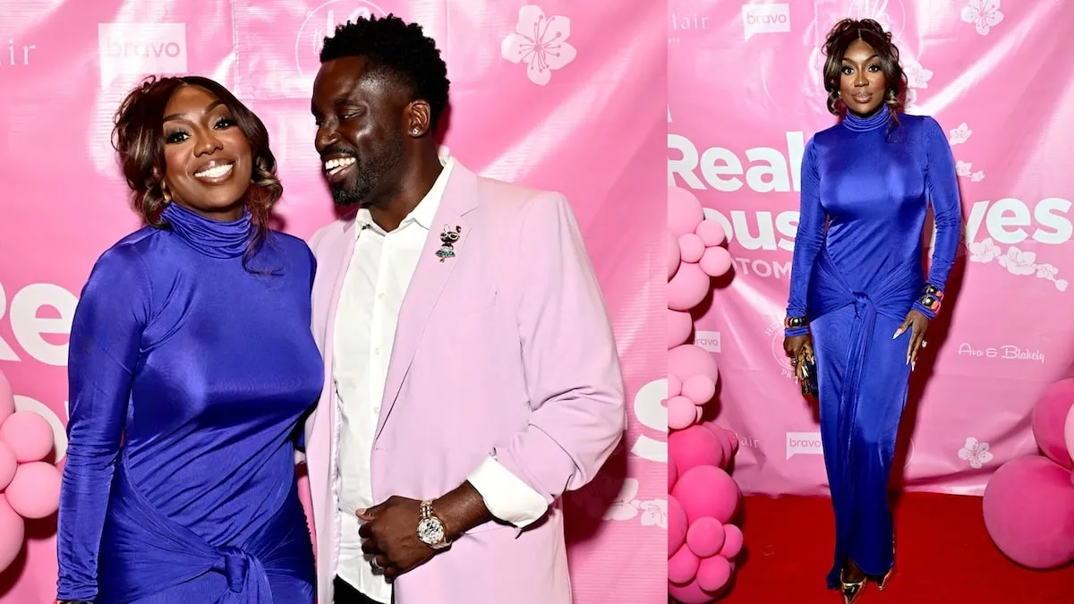 Married couple Wendy Osefo and Edward Osefo smile together on the red carpet at the Season 9 premiere viewing party of The Real Housewives of Potomac