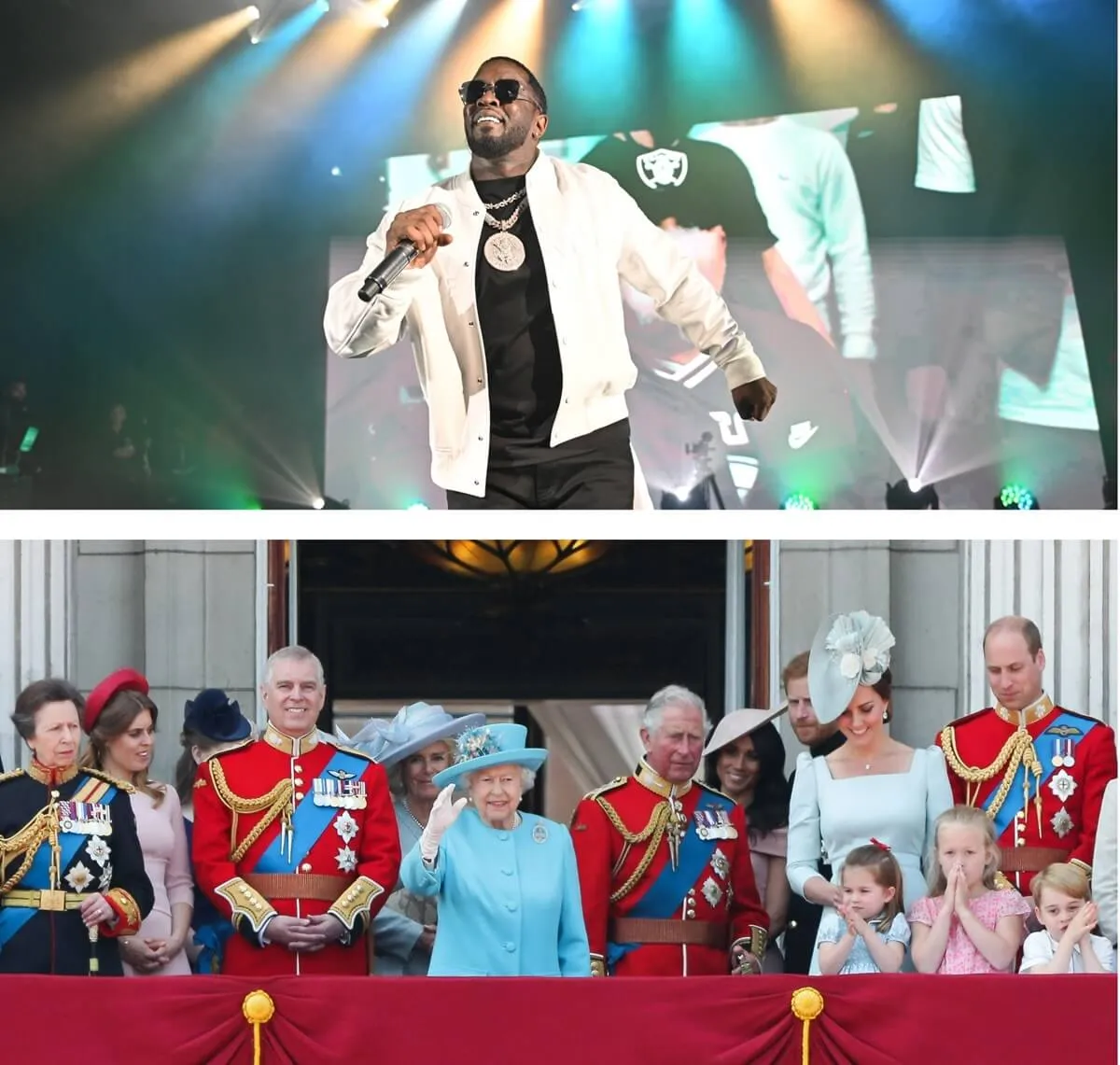 (Top): Sean 'Diddy' Combs performing in London, (Bottom): Members of the British Royal Family standing on the Buckingham Palace balcony