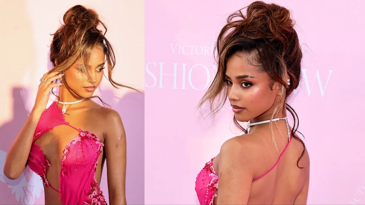 Wearing a deconstructed hot pink gown, Tyla walks the pink carpet before the Victoria's Secret runway show