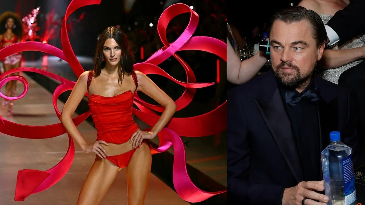 A photo of Vitorria Ceretti in red Victoria's Secret lingerie alongside a photo of Leonardo Dicaprio in a tuxedo