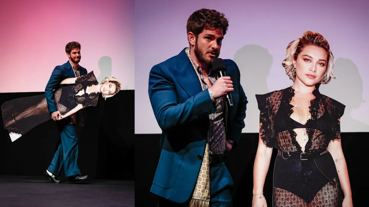 We Live in Time star Andrew Garfield answers questions onstage with a cardboard cutout of Florence Pugh