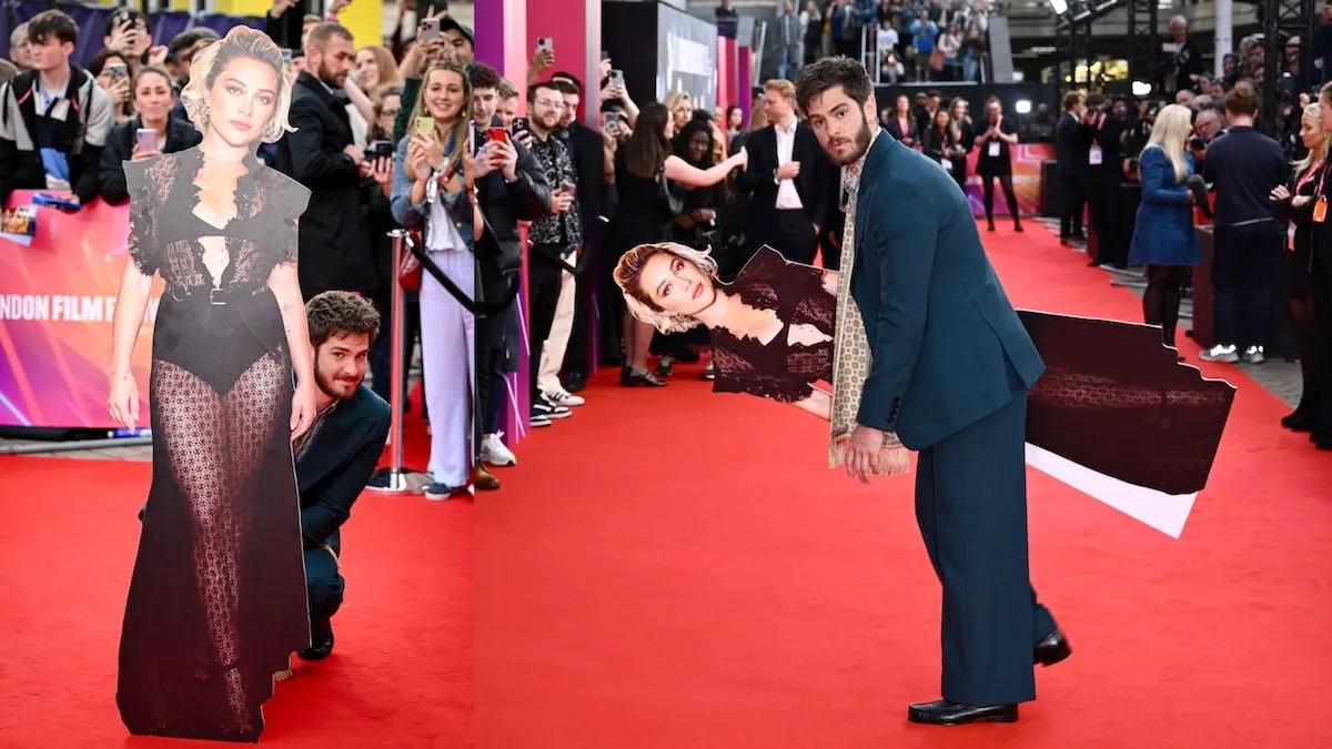 Actor Andrew Garfield poses with a cardboard cutout of Florence Pugh at the "We Live In Time" Headline Gala