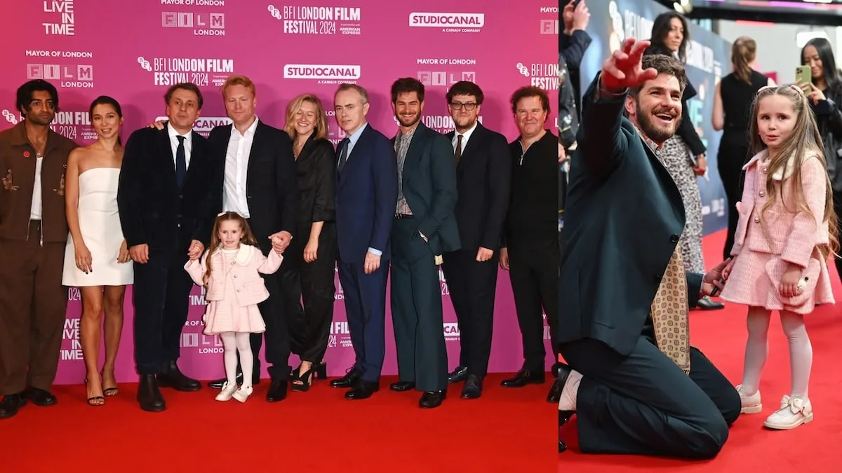 Grace Delaney and Andrew Garfield stand on the red carpet together and pose with their co-stars at the We Live in Time premiere