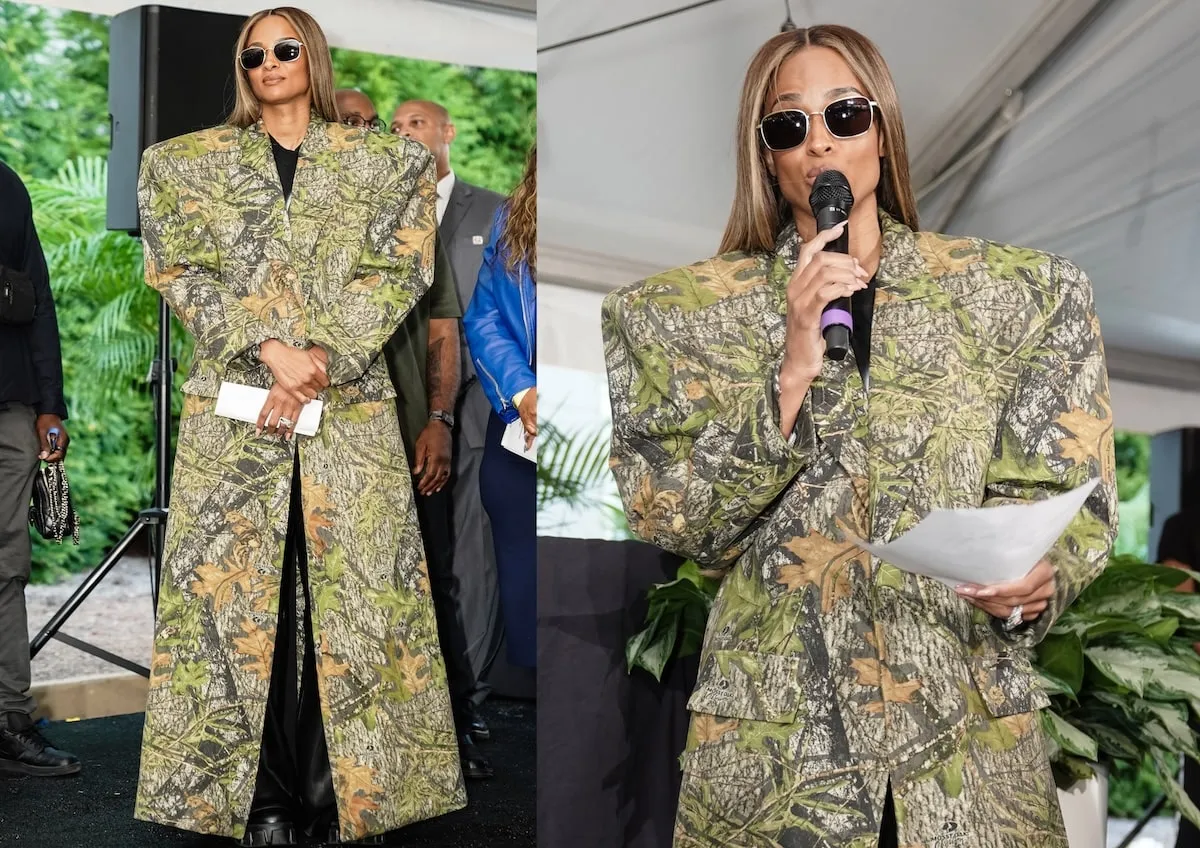 Wearing an oversized camouflage suit, Ciara speaks at a VIP Reception before a When We All Vote rally in Georgia