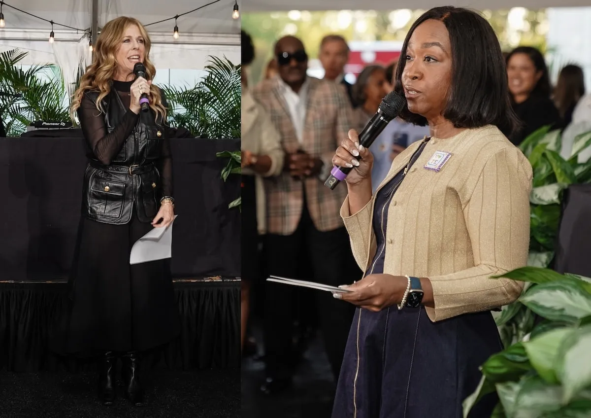 Side by side photos of Rita Wilson and Shonda Rhimes speaking to guests at the When We All Vote Rally in Georgia