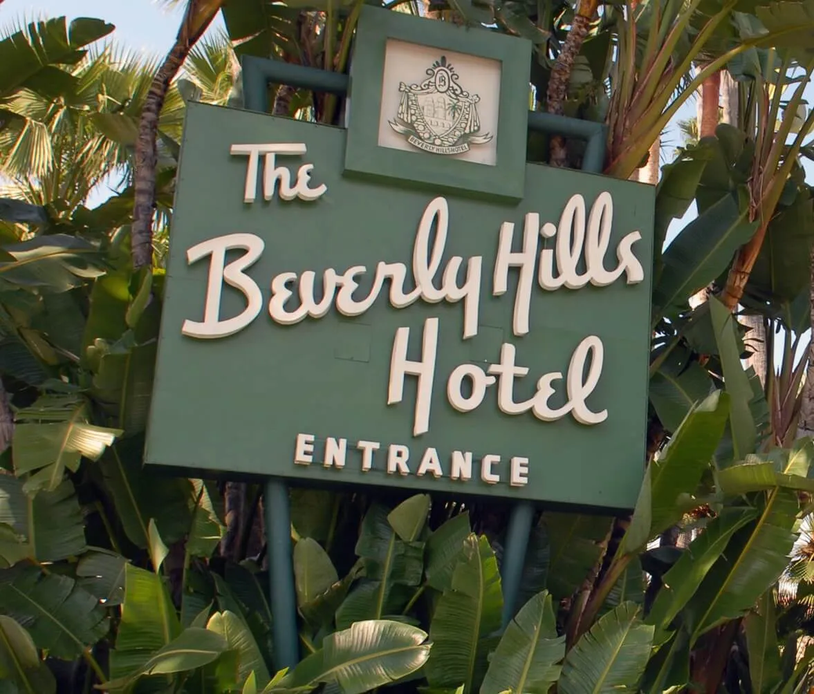 A sign for The Beverly Hills Hotel, which is on the cover of The Eagles' "Hotel California"