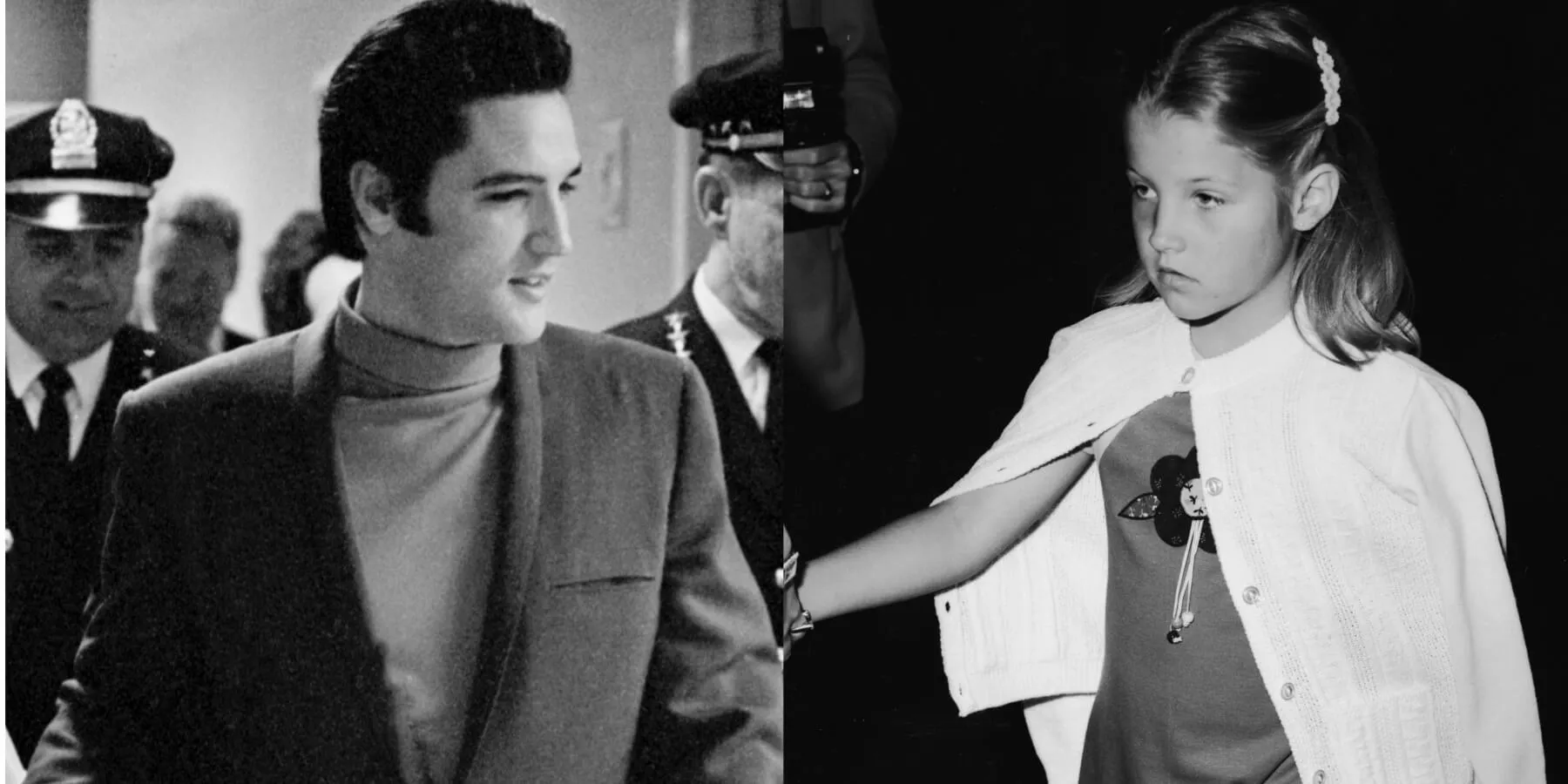 Elvis Presley and Lisa Marie Presley in side-by-side photographs