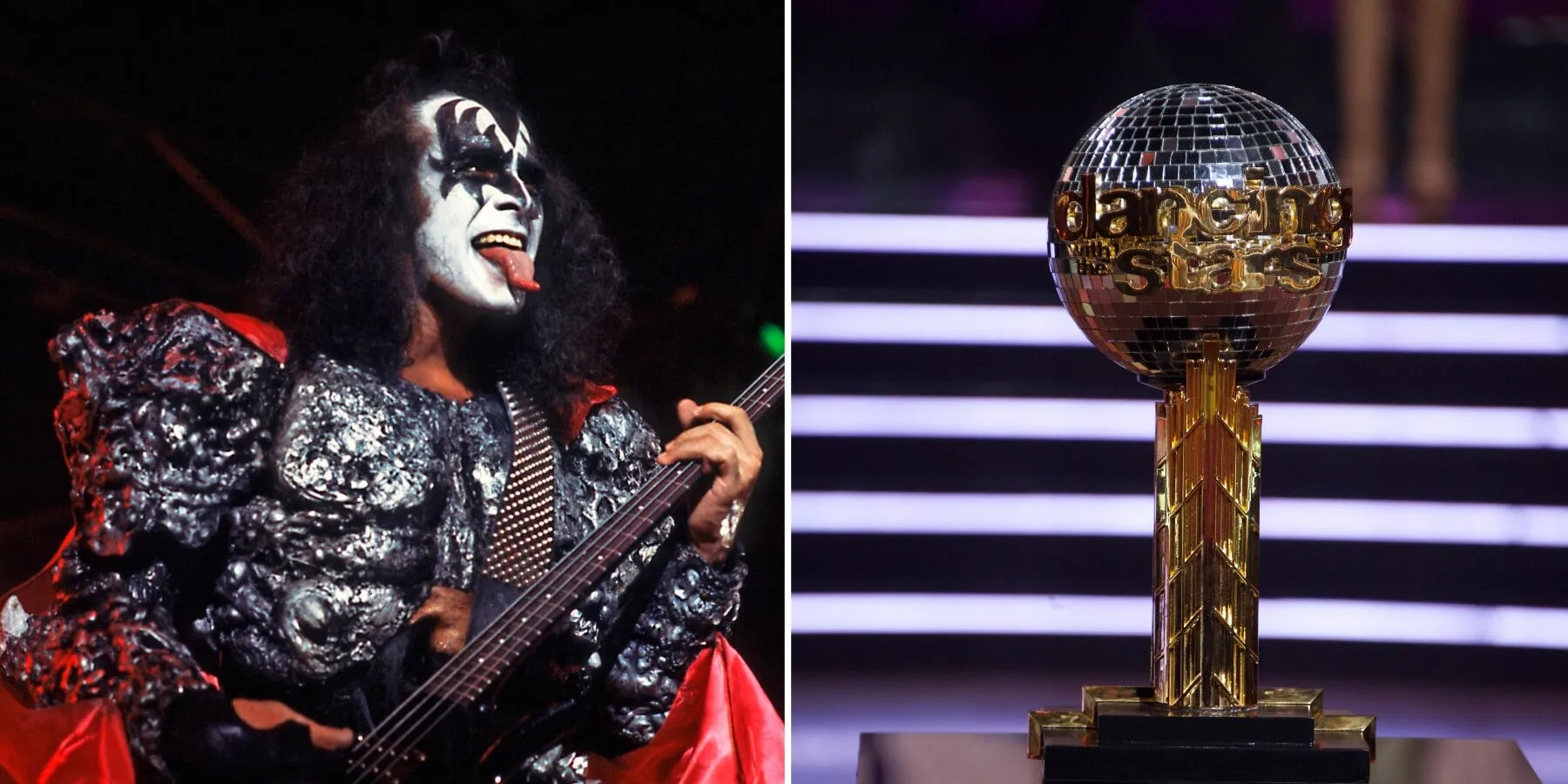 Gene Simmons in a side-by-side photo with the 'DWTS' mirrorball trophy