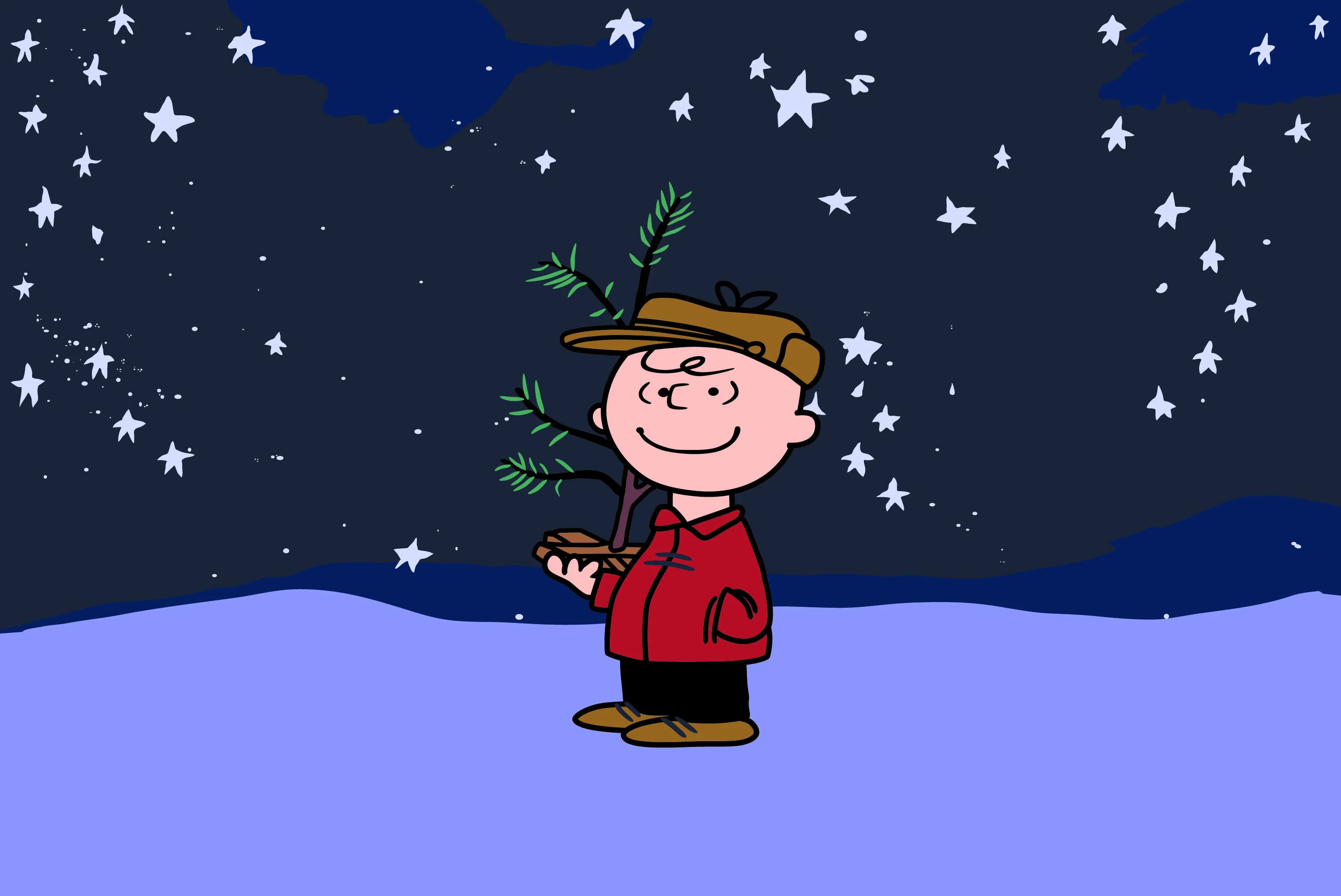 Still image from 'A Charlie Brown Christmas' of Charlie Brown holding scraggly Christmas tree and wearing a red coat