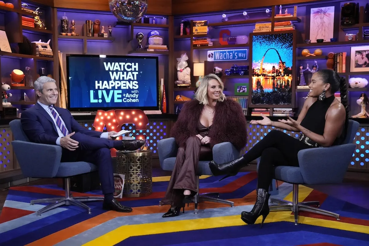 Guests Whitney Rose and Joy Bryant laugh with Andy Cohen on 'Watch What Happens Live'