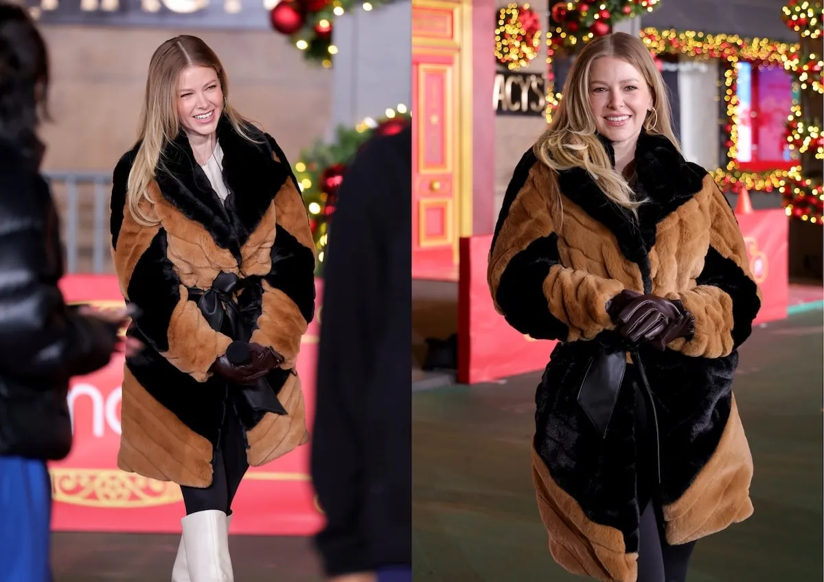 Wearing a black and brown coat and pants, Ariana Madix holds a microphone while rehearsing for the Macy's Thanksgiving Day Parade