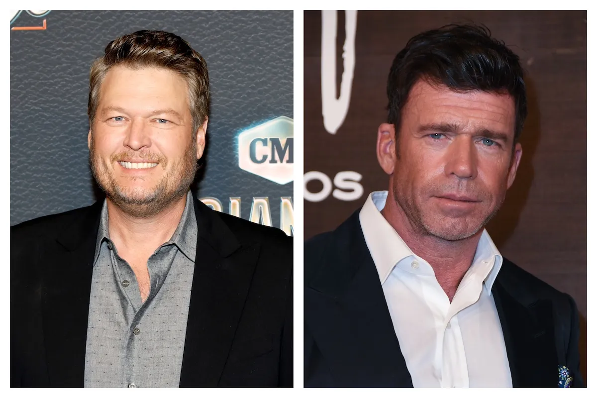 Side by side photos of Blake Shelton and Taylor Sheridan, both wearing dark jackets and button-down shirt without ties