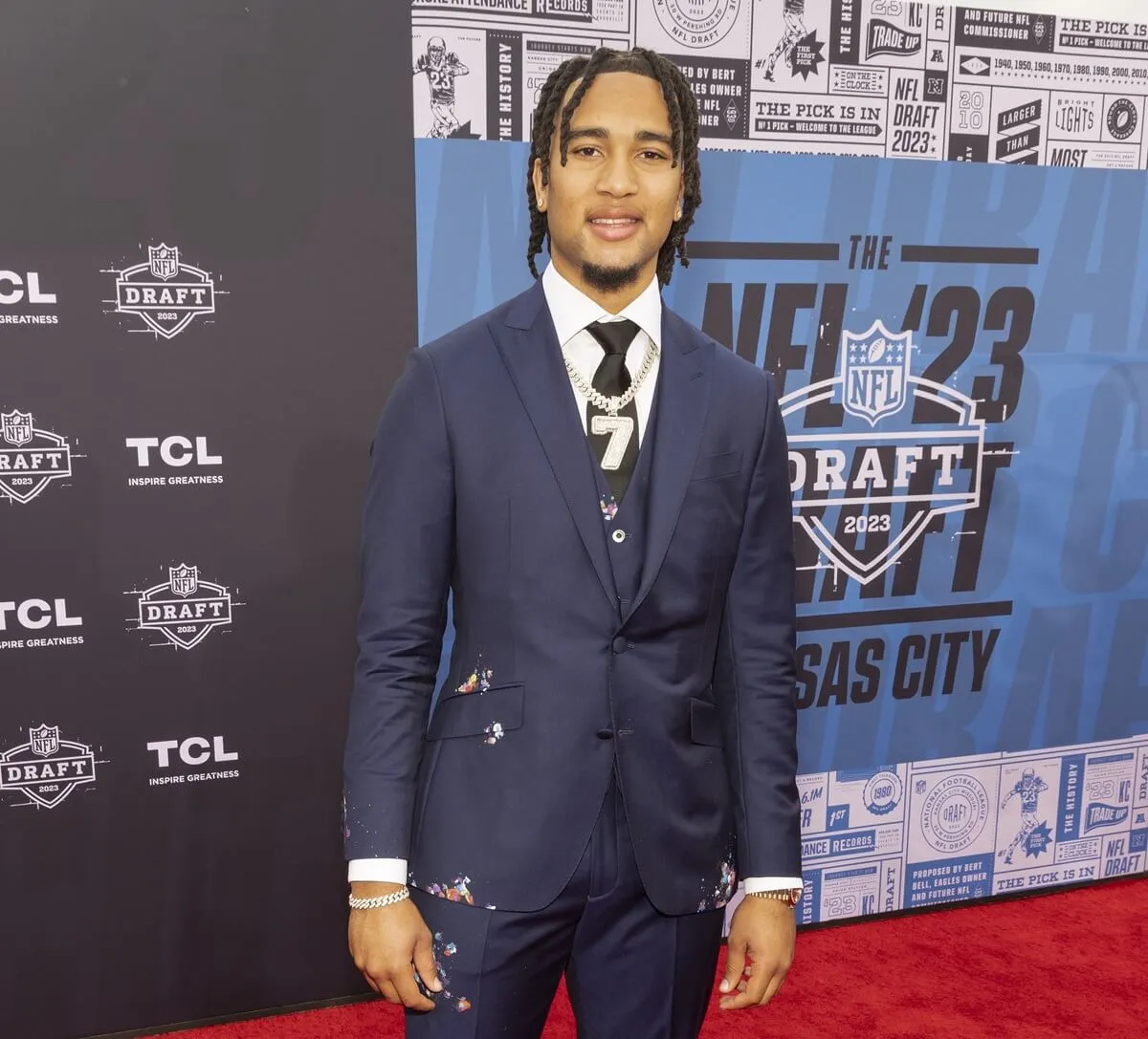 C.J. Stroud during the NFL Draft Red Carpet at the National WWI Museum in Kansas City, Missouri