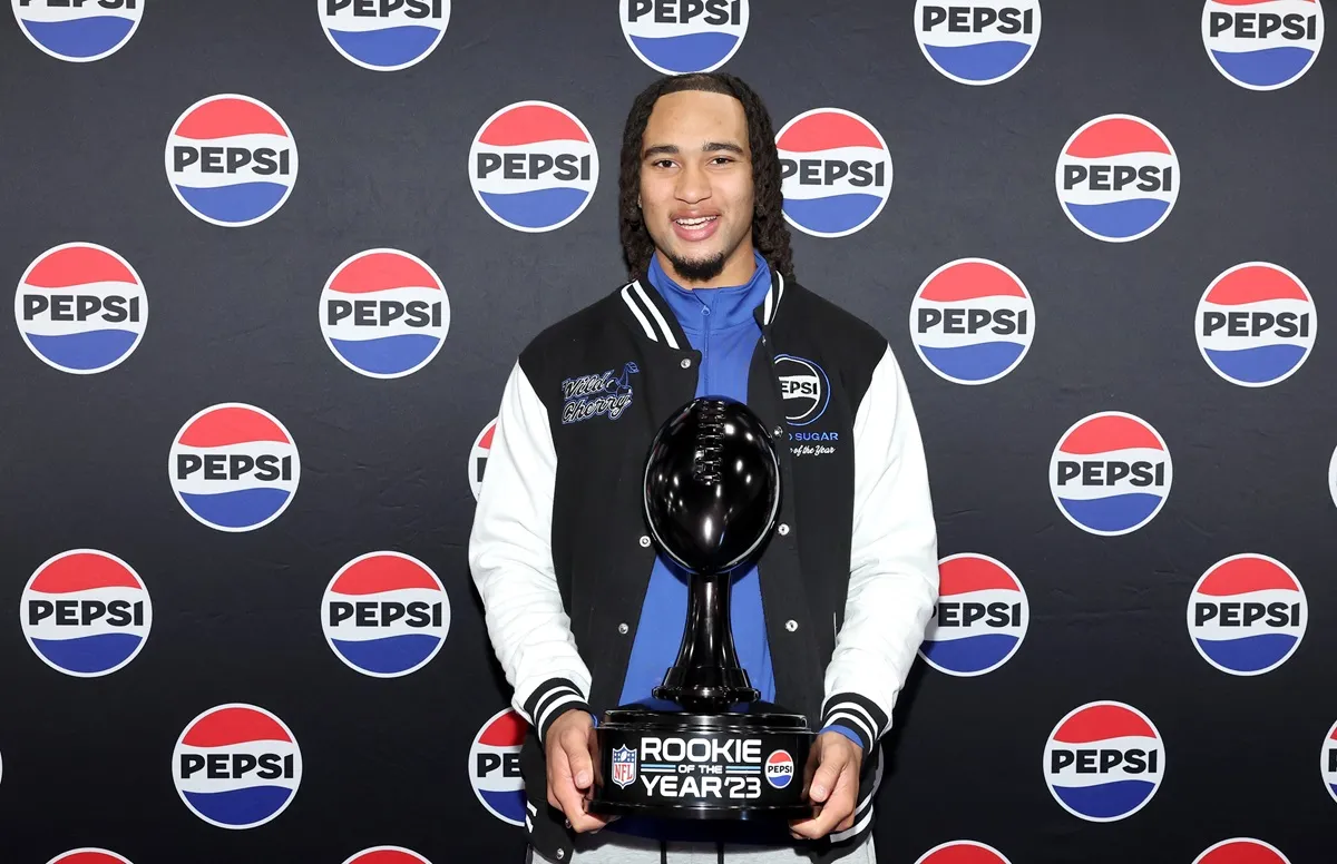 C.J. Stroud poses for a photo after being named Pepsi Zero Sugar NFL Rookie of the Year