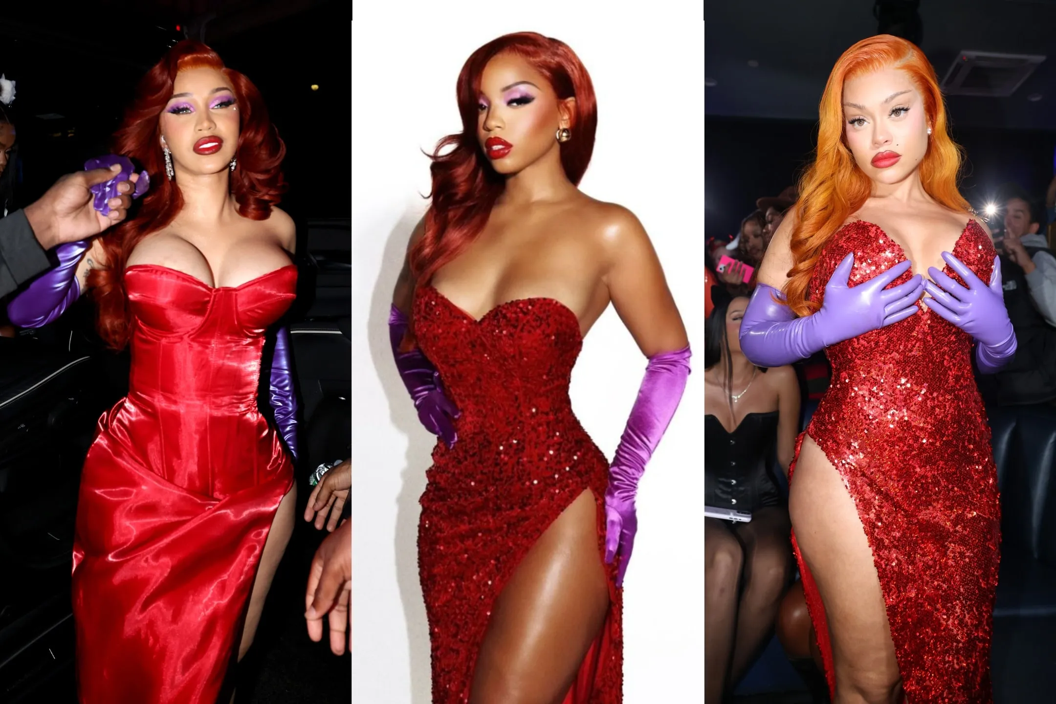 Three side-by-side photos of Latto, Chloe Bailey, and Cardi B all wearing Jessica Rabbit costumes of tight red dresses, purple gloves, and red wigs