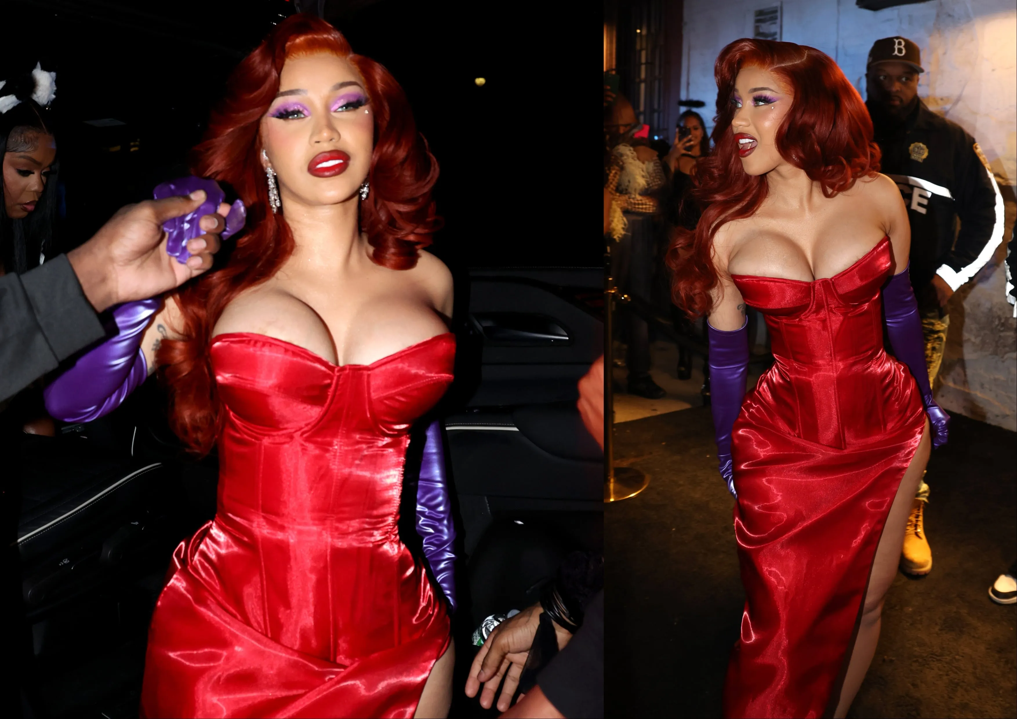 Wearing a tight red dress, purple gloves, and a red wig, Cardi B poses at a Halloween party