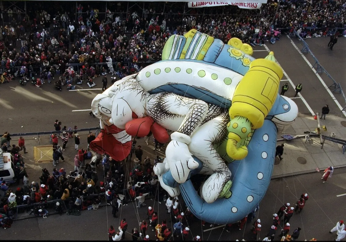 An aerial view of the collapsed Cat in the Hat balloon during the 1997 Macy's Thanksgiving Day parade