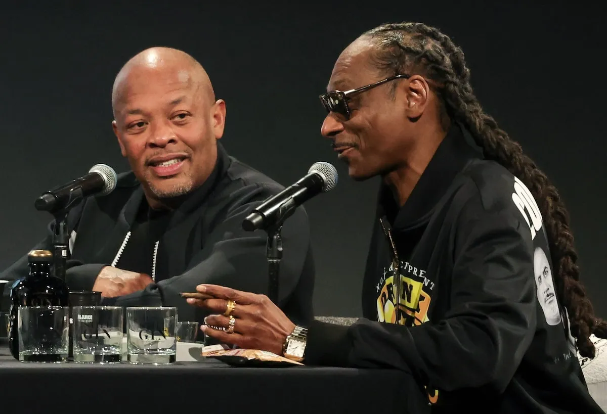 Dr. Dre and Snoop Dogg film a live episode of the podcast 'Drink Champs'