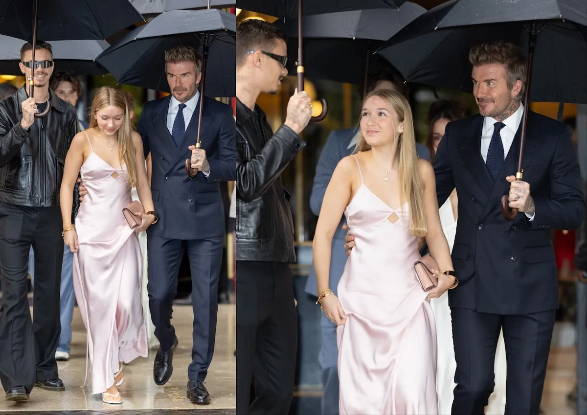 David Beckham holds an umbrella for Romeo Beckham and Harper Beckham as they exit a building in Paris