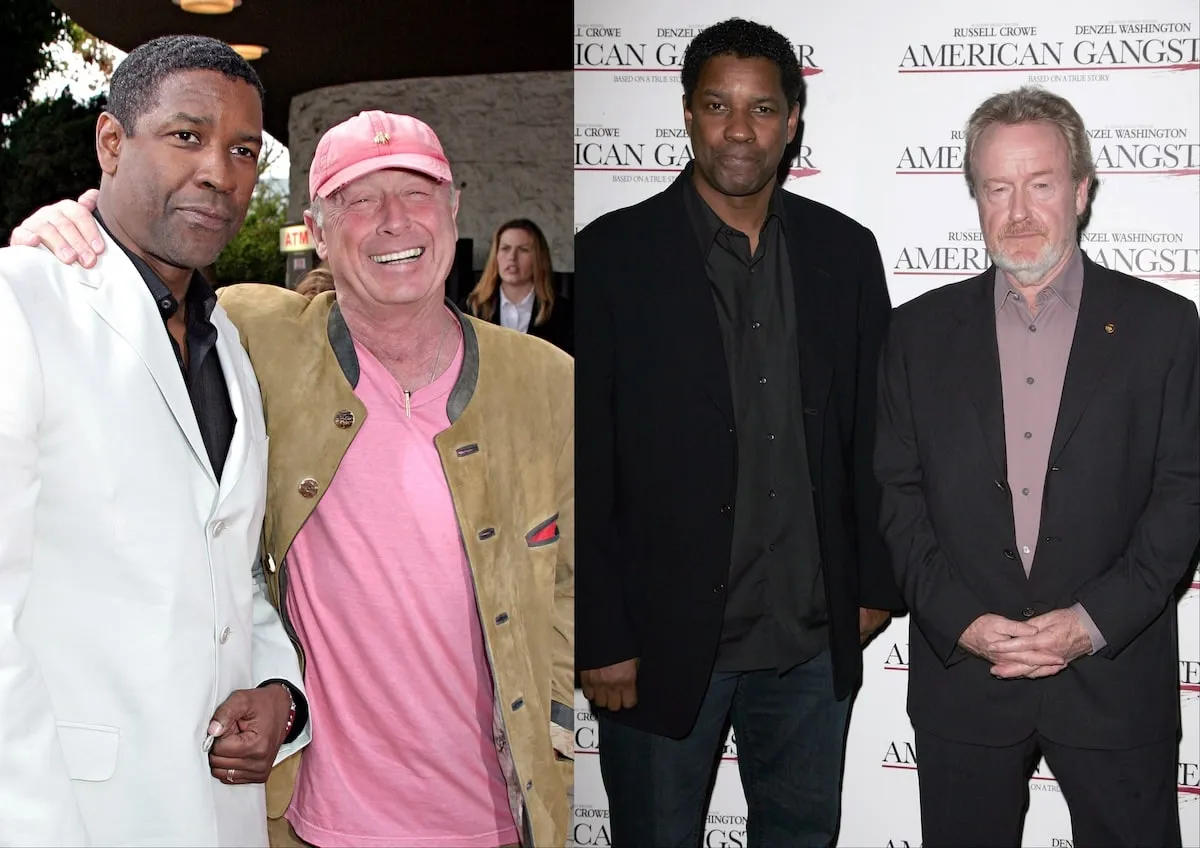 Side by side photos of Denzel Washington and director Tony Scott in 2004 and Washington and Ridley Scott in 2007