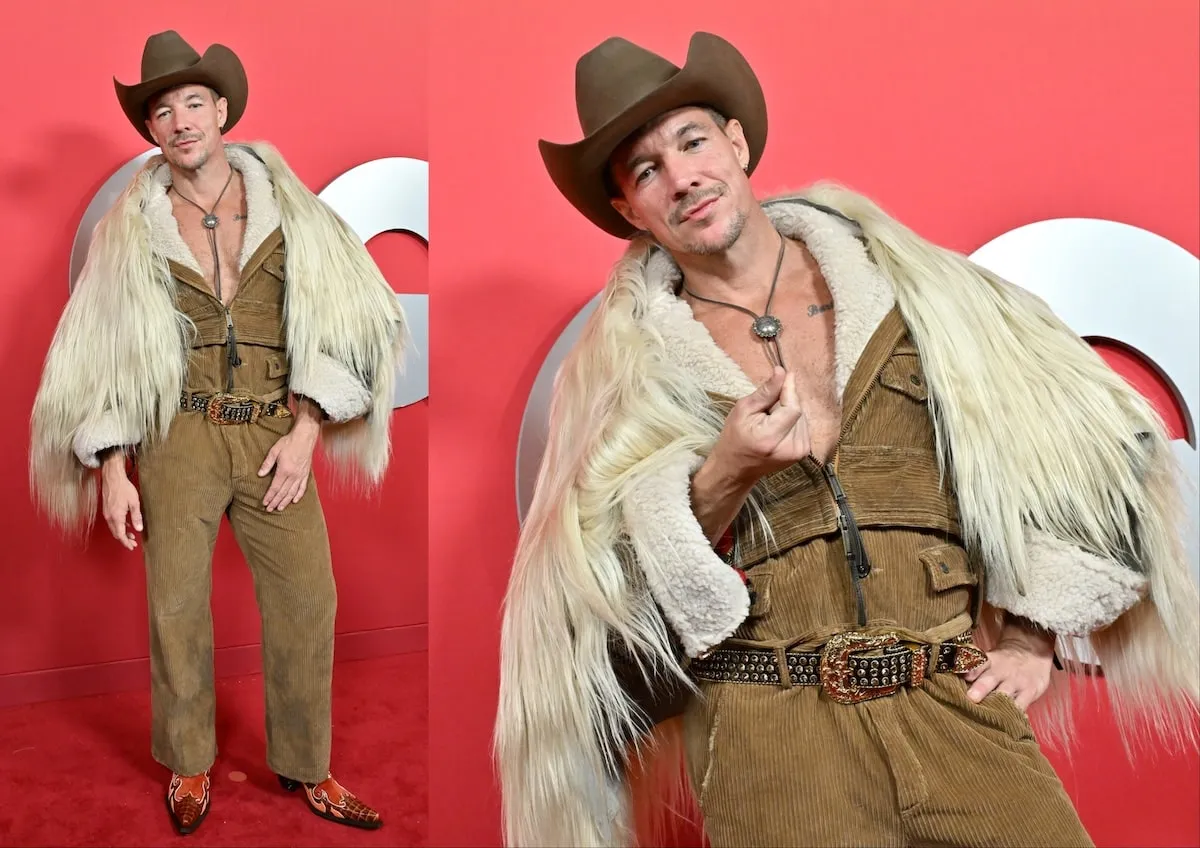 Wearing a fur coat and corduroy jumpsuit, Diplo poses for photos on the red carpet at the 2024 GQ Men Of The Year Party