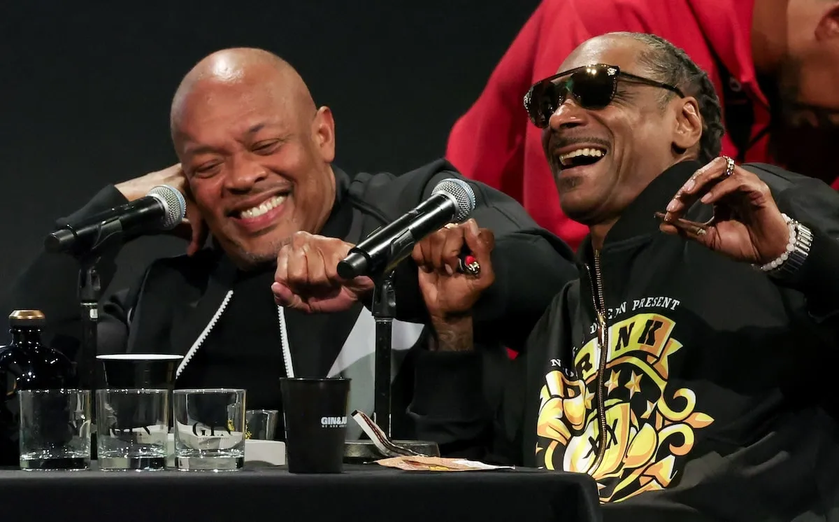 Dr. Dre and Snoop Dogg film a live episode of the podcast 'Drink Champs'