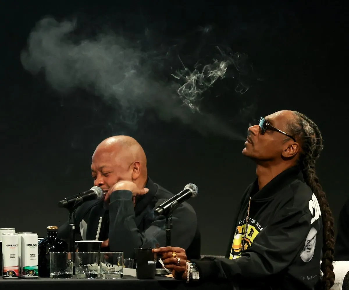 Dr. Dre and Snoop Dogg film a live episode of the podcast 'Drink Champs'