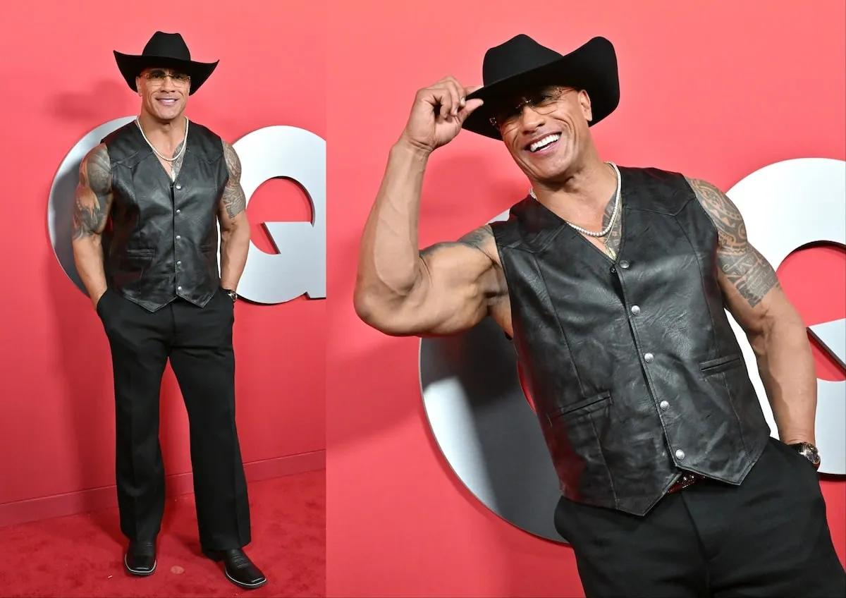 Wearing a black leather vest, black pants, and cowboy hat, Dwayne Johnson poses for photos on the red carpet at the 2024 GQ Men Of The Year Party