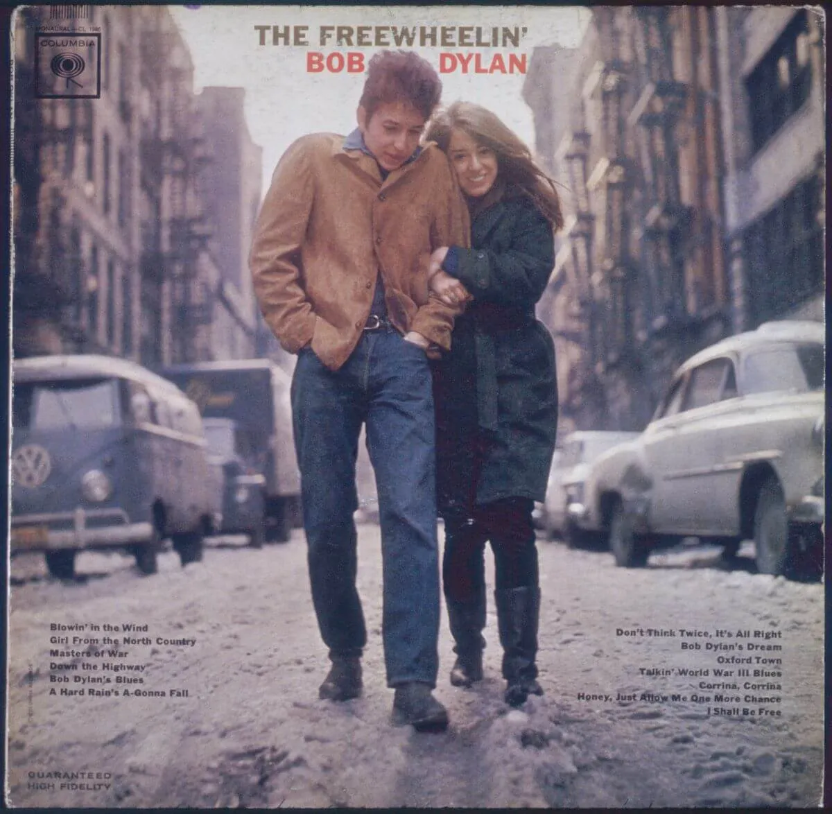 Suze Rotolo holds Bob Dylan's arm as they walk on a New York street for the cover of "The Freewheelin' Bob Dylan."