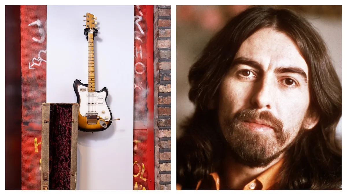 Photo of George Harrison's guitar hanging on a wall next to a photo of The Beatles member in the 1970s