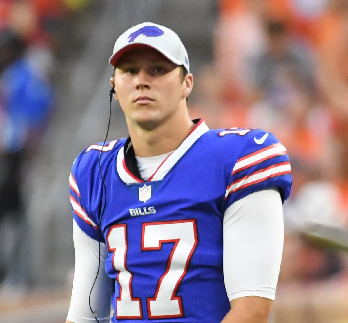 Quarterback Josh Allen #17 of the Buffalo Bills on the field in the first quarter of a preseason game against the Cleveland Browns at FirstEnergy Stadium