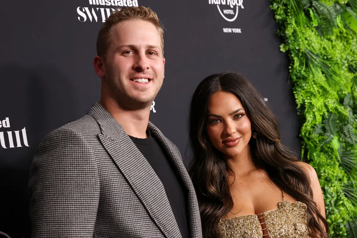 Jared Goff and Christen Harper attend the Sports Illustrated Swimsuit 2024 Issue Release and 60th Anniversary Celebration at Hard Rock Hotel New York on May 16, 2024 in New York City.