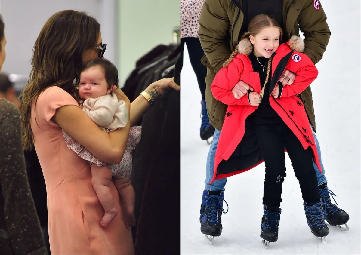 Side by side photos of Harper Beckham as an infant in 2011 and ice skating in 2018