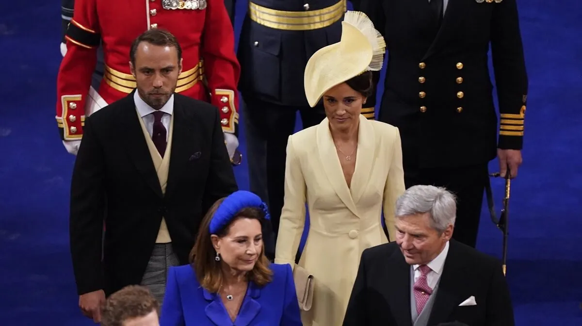 James Middleton and Pippa Matthews with their parents Michael and Carole Middleton arrive for the coronation ceremony of King Charles III