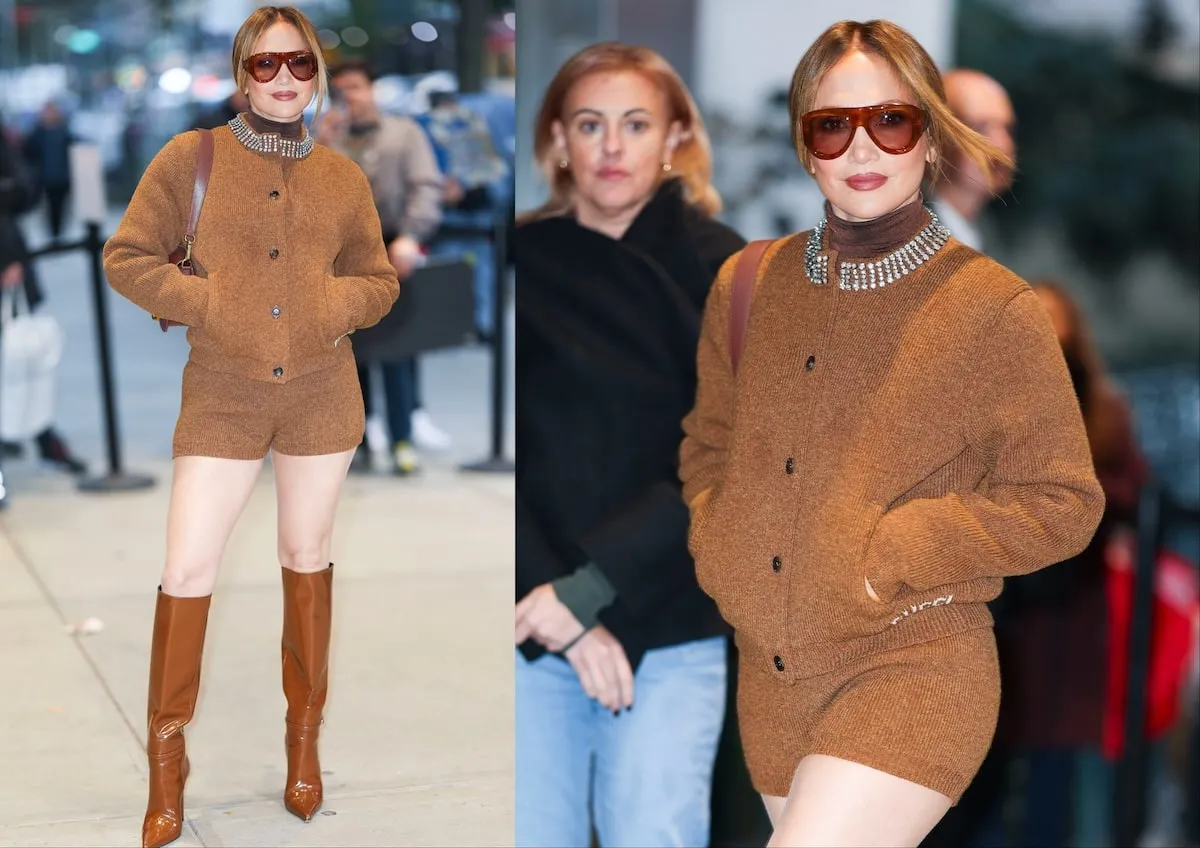 Wearing a brown sweater and short set, Jennifer Lopez stops to take photos in Chelsea, London