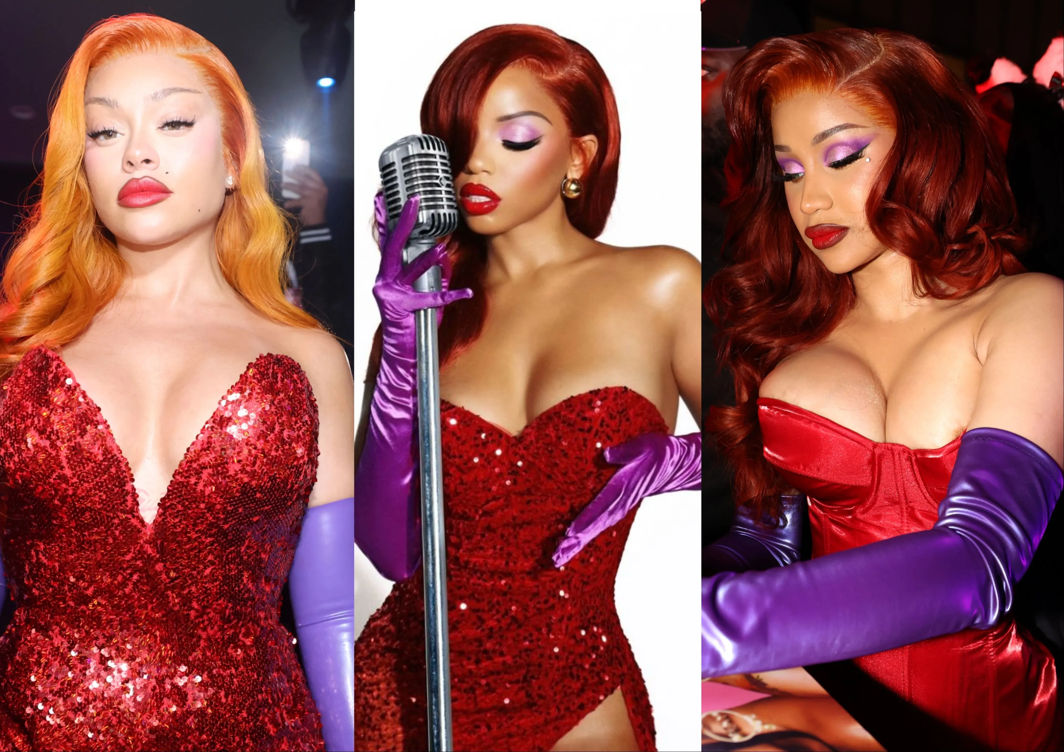 Three side-by-side photos of Latto, Chloe Bailey, and Cardi B all wearing Jessica Rabbit costumes of tight red dresses, purple gloves, and red wigs