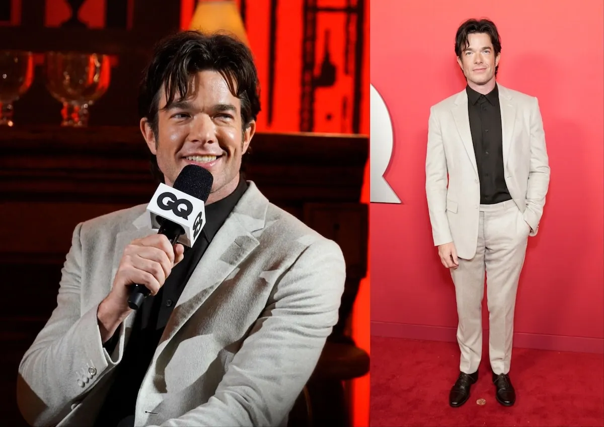 Wearing a tan suit, John Mulany poses for photos on the red carpet at the 2024 GQ Men Of The Year Party and answers questions inside the party